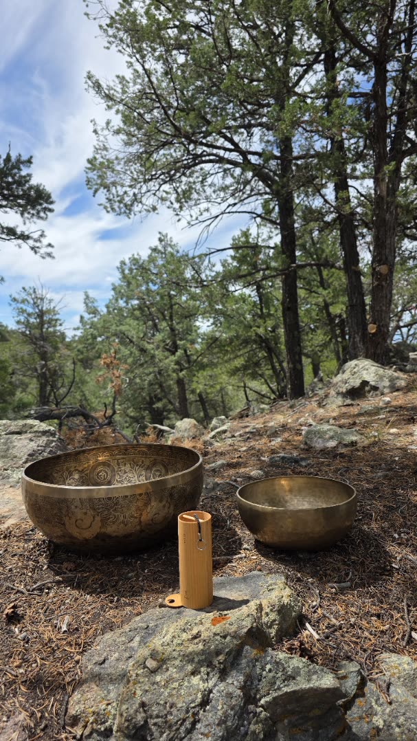 Melissa's singing bowls on stone - Blossoming Lotus Sound, Crestone CO