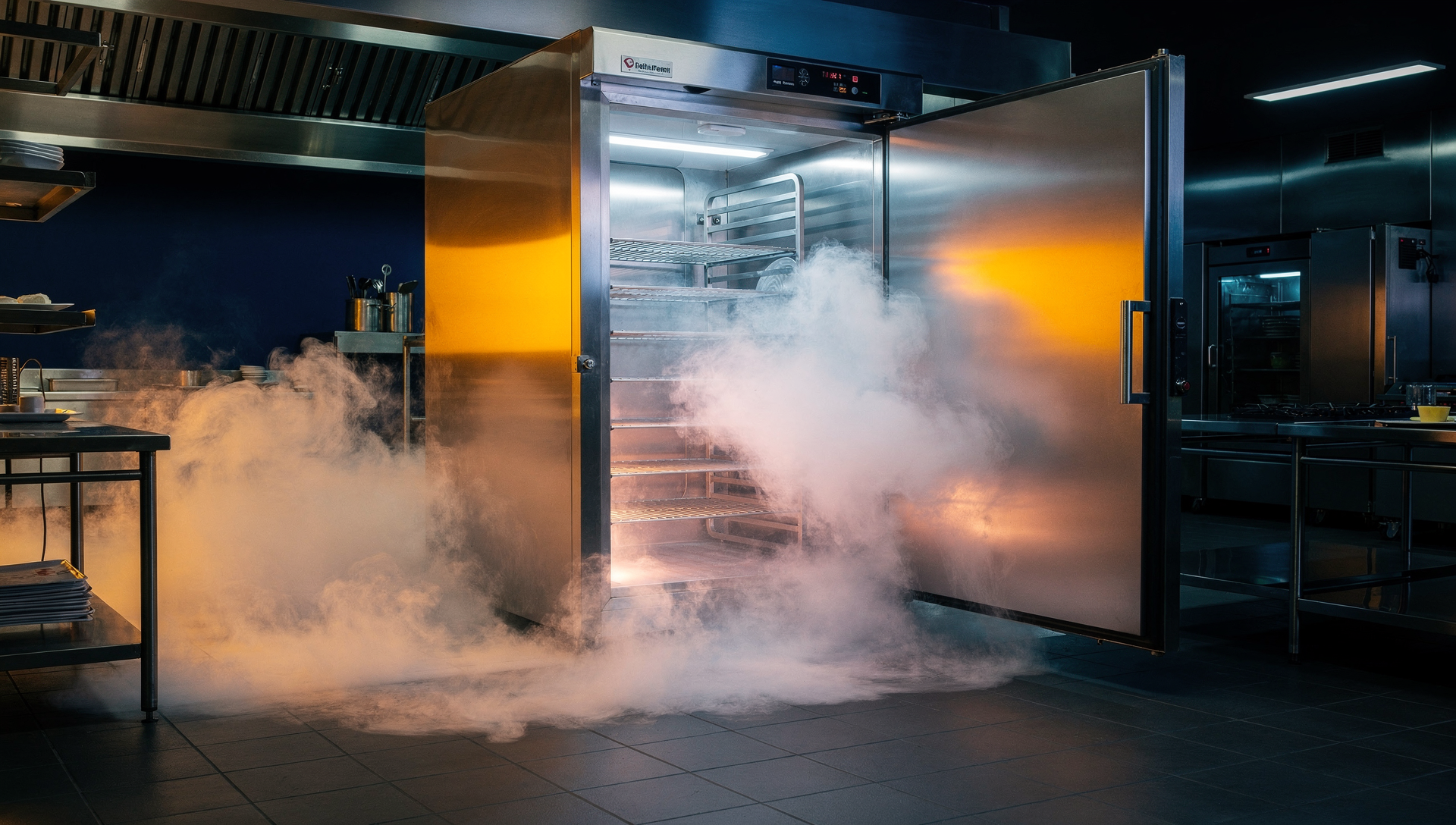 Commercial blast chiller with cold fog rolling out of an open door in a commercial kitchen